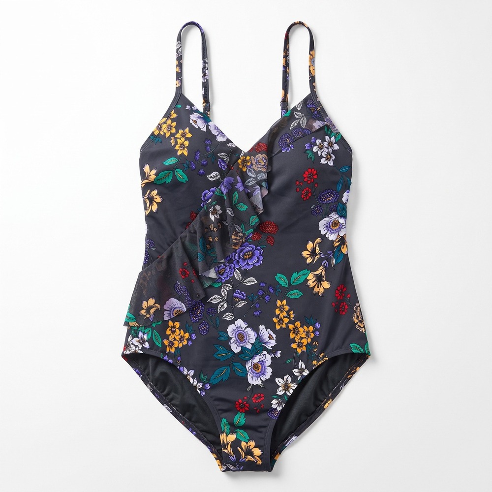 Time and Tru M 8-10 Gray Multi Floral One-Piece Swimsuit Womens Boho Cottagecore